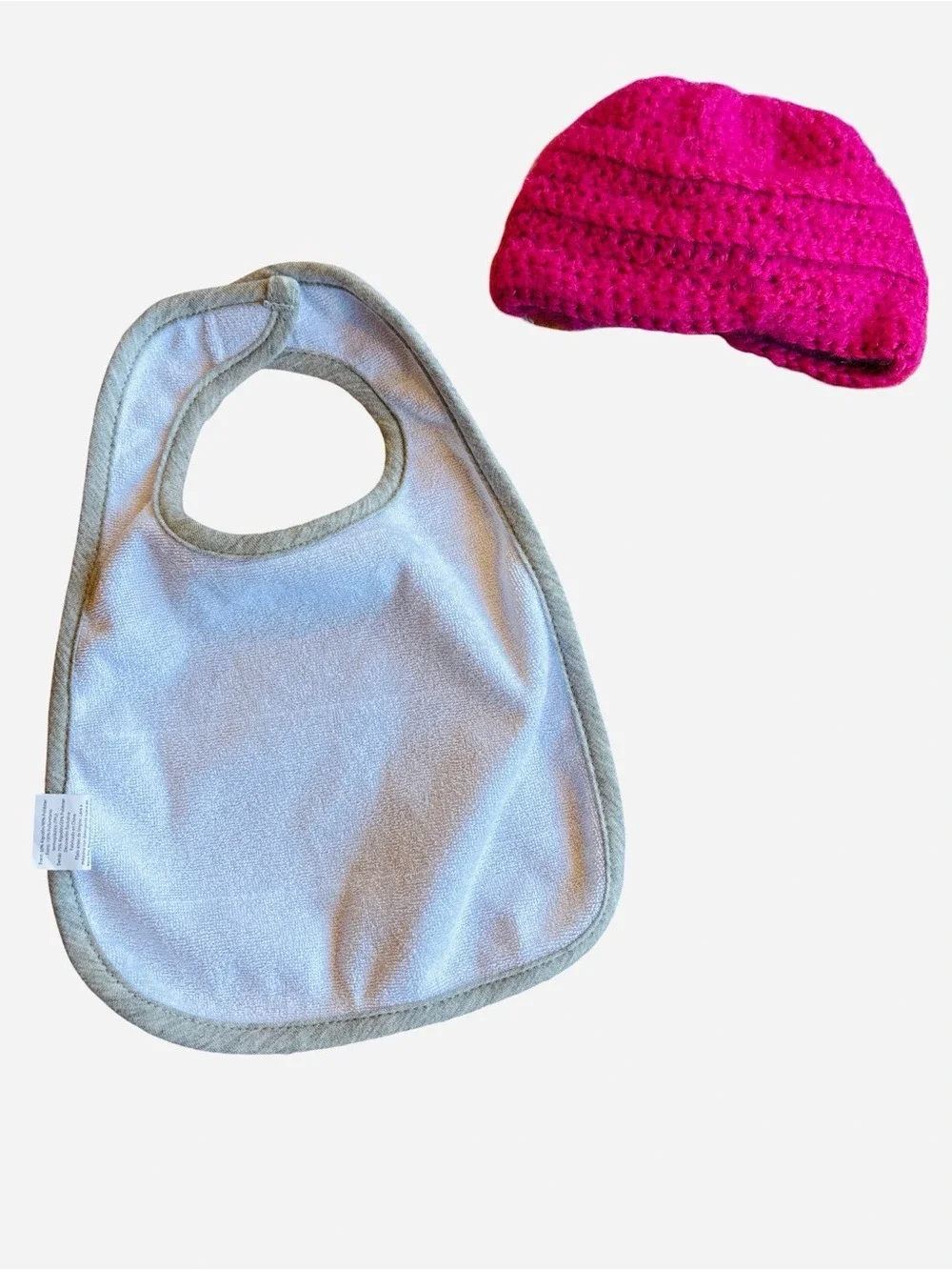 Pink Knit Headband and Disney Gray Bib with Red Polka-Dot Bow